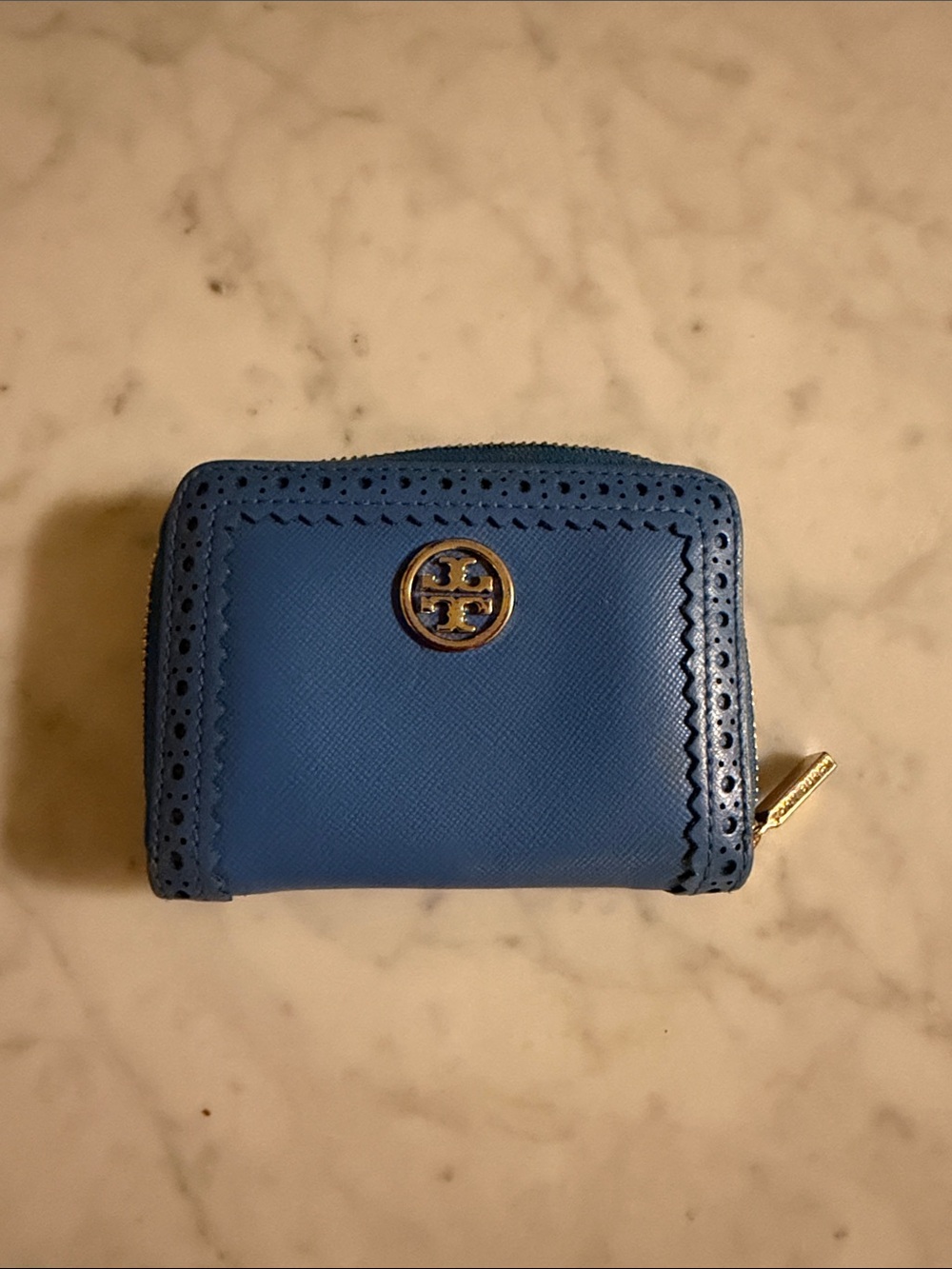 Tory Burch Royal Blue Saffiano Leather Zip Card Case with Gold Logo